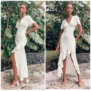 Lulus Eternal Bond White Satin Ruffled Flutter Sleeve Maxi Dress Size Medium